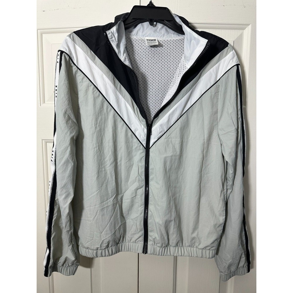 PINK Victoria's Secret Black Logo Zip Windbreaker Jacket Black White Gray XS